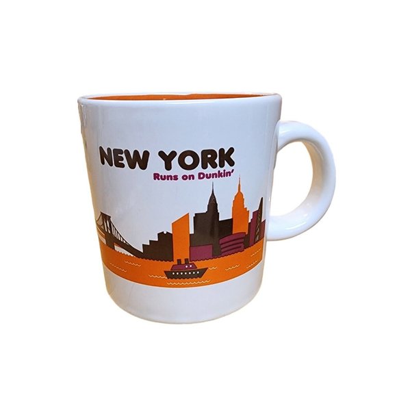 DUNKIN DONUTS Mug NEW YORK Runs On Dunkin Coffee Cup Orange Interior PreOwned - Picture 1 of 10